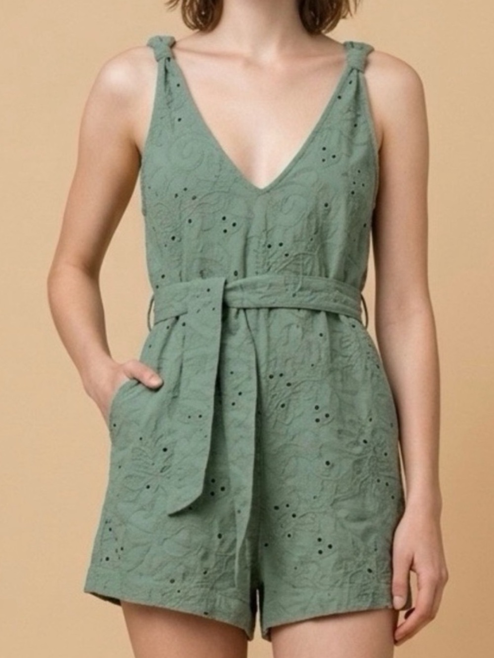 ZARA Womens Sleeveless Eyelet Tie-Waist Romper Sage Green Large